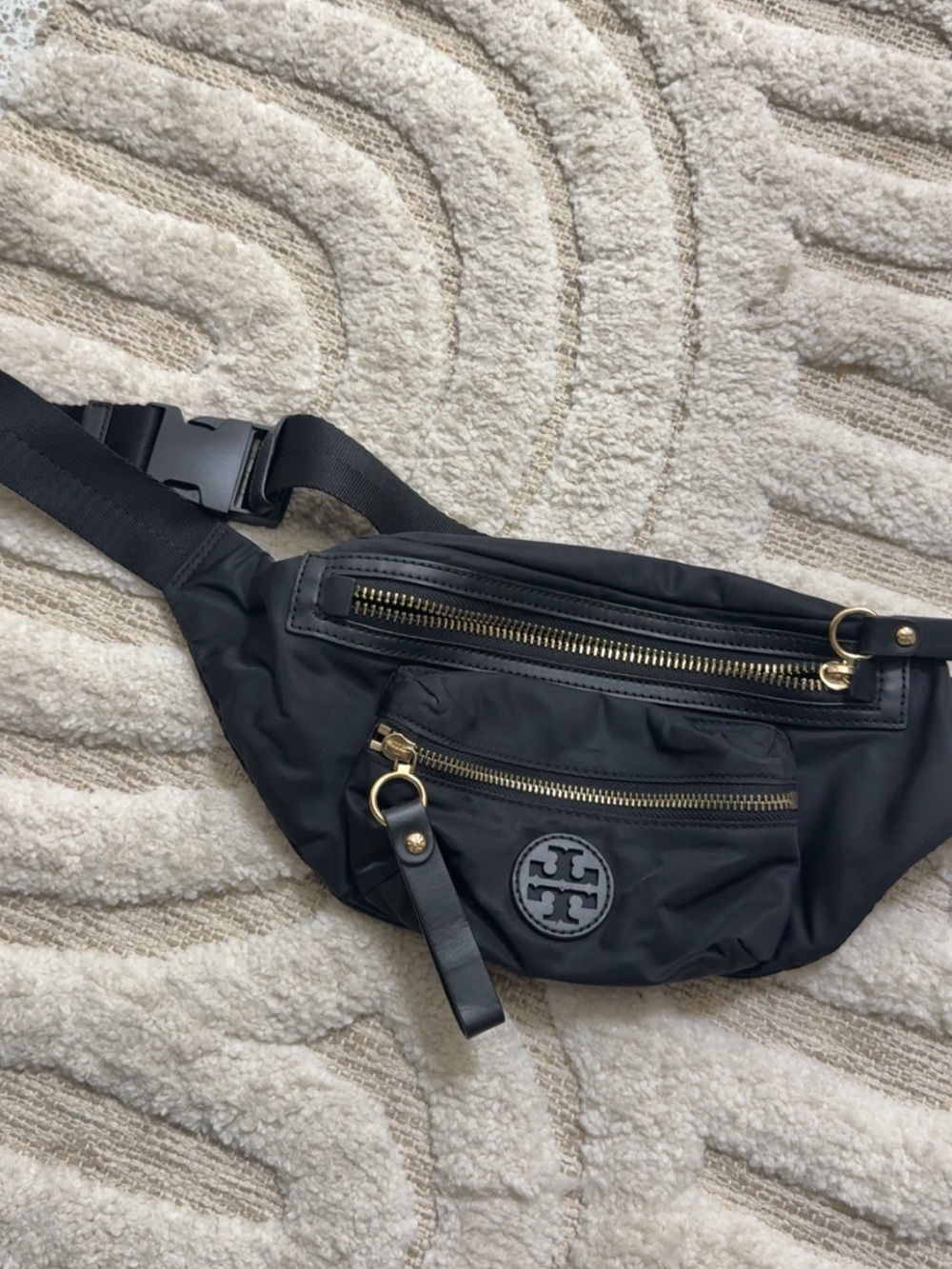 Tory Burch Black Nylon Logo Belt Bag with Gold Hardware Accents